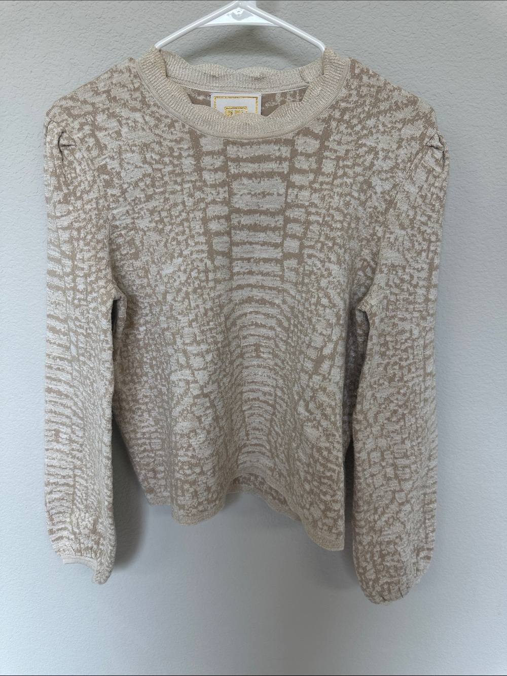 Textured/Metallic Crewneck Puff Sleeve Sweater